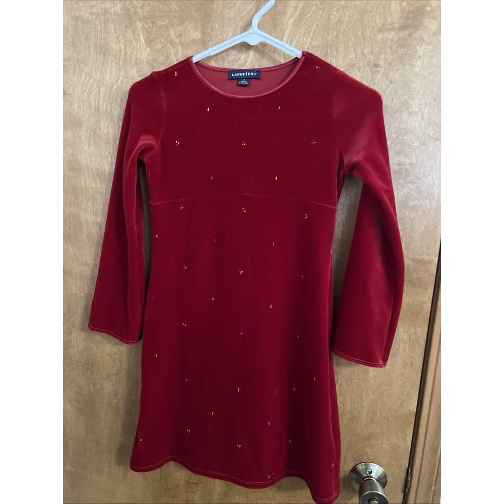 Lands End Velvet Dress Girls Size Small 8 Red Christmas EUC Beaded Holiday 29" L